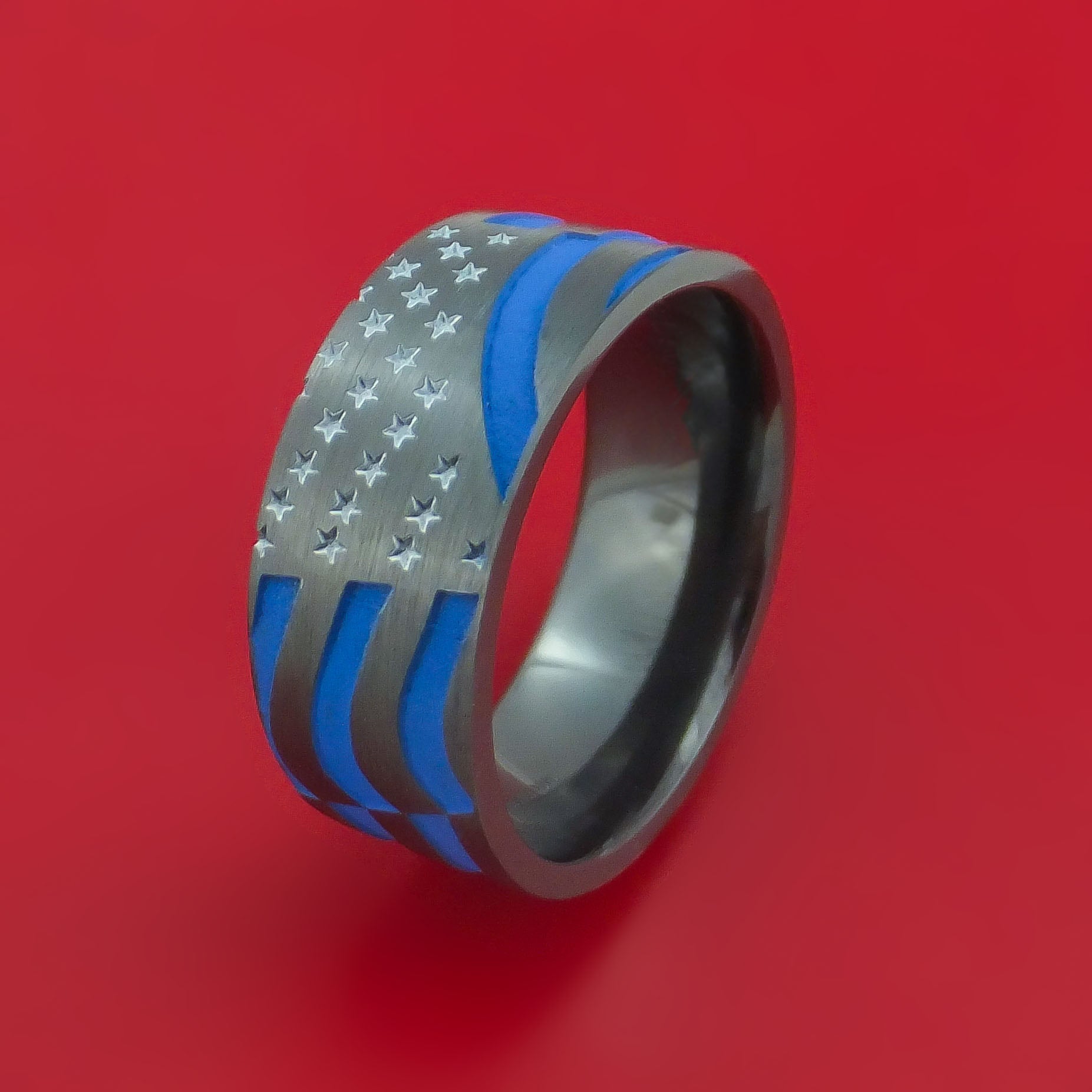 Blue Line Rings For Men Black Zirconium Thin Blue Line Ring with United States Flag Stars and ...