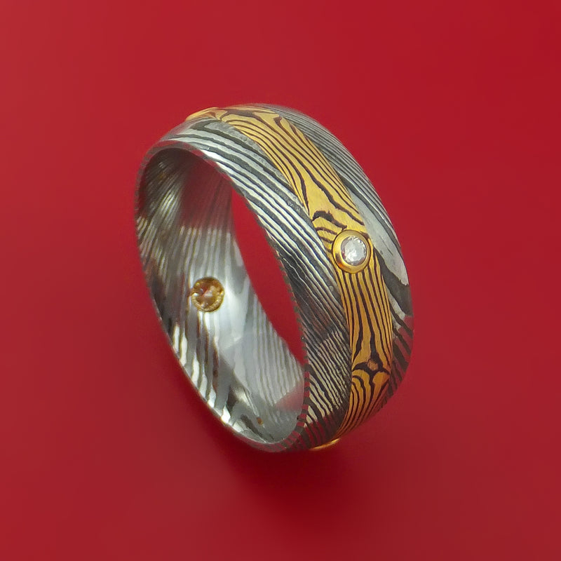 Damascus Steel Band with Yellow Gold Mokume Shakudo and Diamonds Custom Made Ring