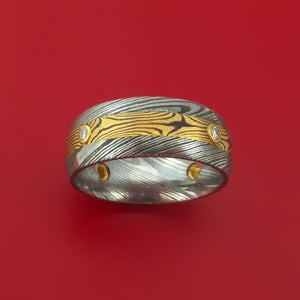Damascus Steel Band with Yellow Gold Mokume Shakudo and Diamonds Custom Made Ring