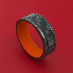 Black Zirconium Ring with Segmented Black Carbon Fiber Inlay and Interior Cerakote Sleeve Custom Made Band