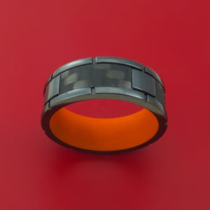 Black Zirconium Ring with Segmented Black Carbon Fiber Inlay and Interior Cerakote Sleeve Custom Made Band