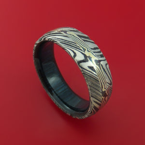 Kuro Damascus Steel Ring with Silver Mokume Shakudo Inlay and Blueberry Wood Sleeve Custom Made Band