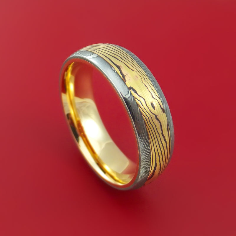 Damascus Steel Ring with 18k Yellow Gold Mokume Shakudo Inlay and Interior 14k Yellow Gold Sleeve Custom Made Band