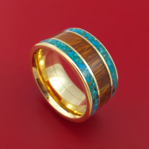 Wide 14k Yellow Gold Ring with Hardwood and Turquoise Inlays Custom Made Band