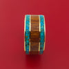 Wide 14k Yellow Gold Ring with Hardwood and Turquoise Inlays Custom Made Band