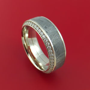 14K White Gold Ring with Meteorite Inlay and Eternity Set Diamonds Custom Made Band