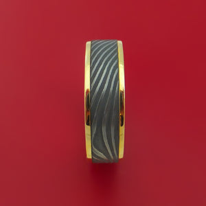 18K Yellow Gold Ring with Flat Twist Damascus Steel Inlay Custom Made Band