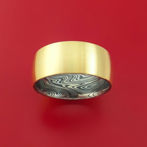 14k Yellow Gold Ring with Interior Marbled Kuro Damascus Steel Sleeve Custom Made Band