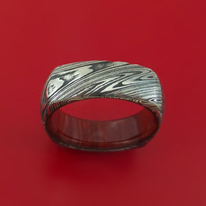 Marbled Kuro Damascus Steel Ring with Interior Hardwood Sleeve Custom Made Band
