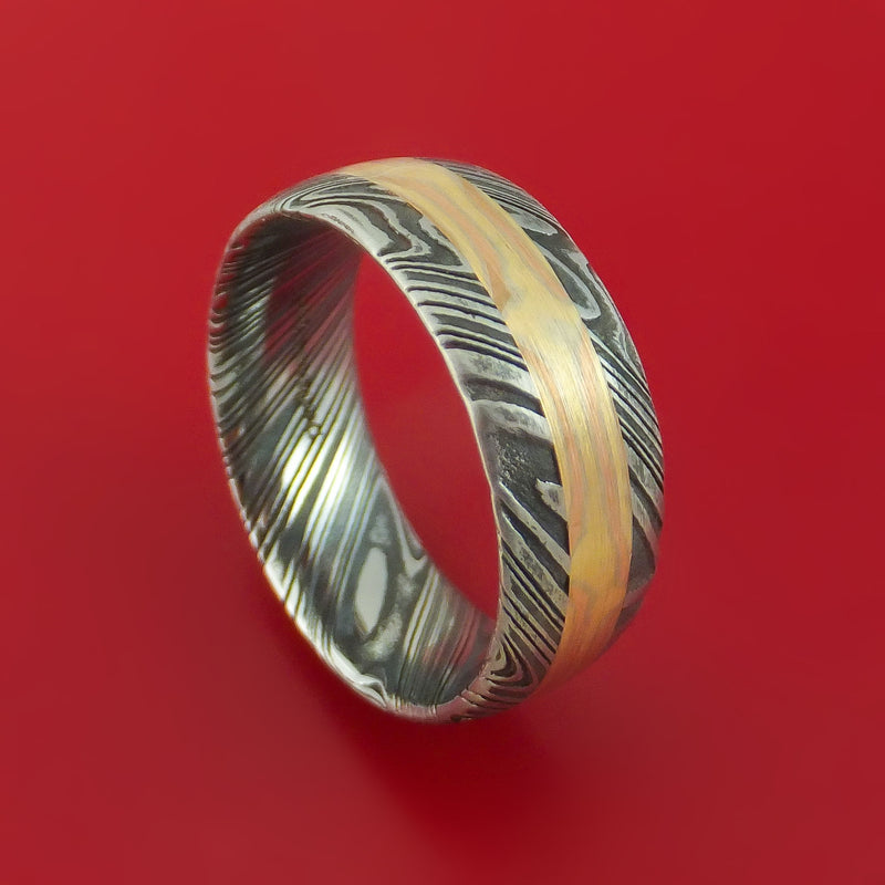 Damascus Steel Ring with Mokume Gane Inlay Custom Made Band