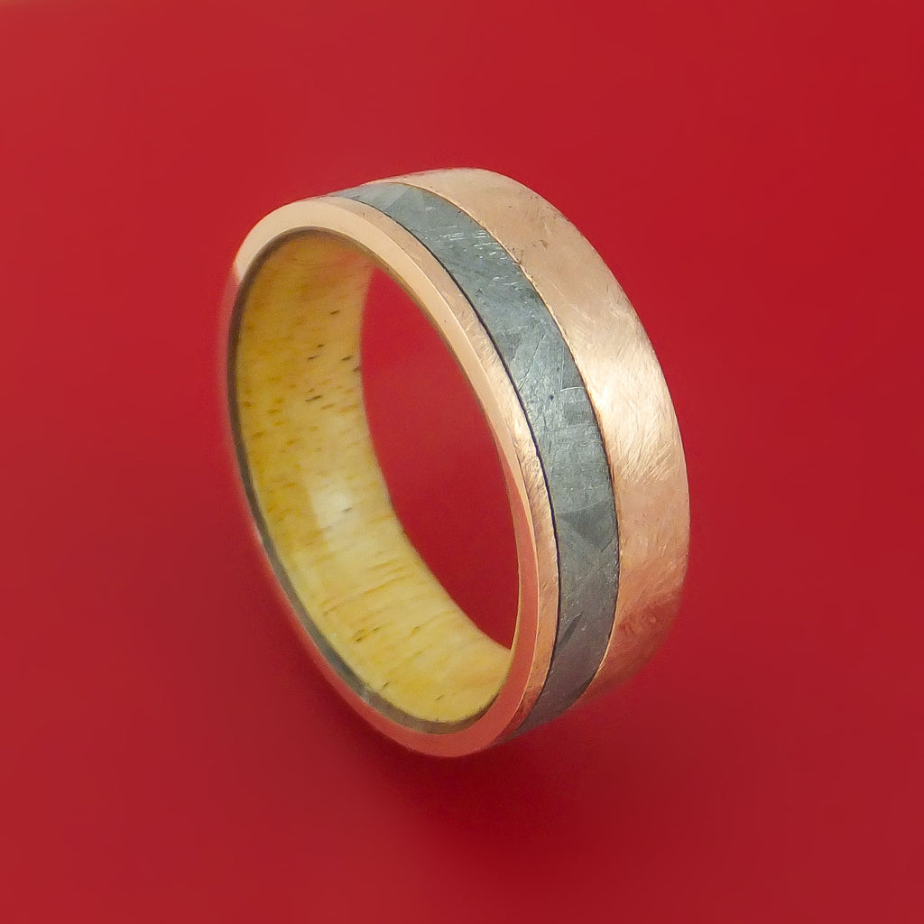 14k Rose Gold Ring with Gibeon Meteorite Inlay and Interior Hardwood Sleeve Custom Made Band
