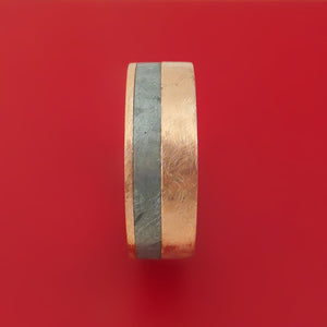 14k Rose Gold Ring with Gibeon Meteorite Inlay and Interior Hardwood Sleeve Custom Made Band