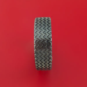 Black Zirconium Spinner Ring with Hot Rod Tire Tread Pattern Inlay Snow White Cerakote Edges and Interior Cerakote Sleeve Custom Made Band