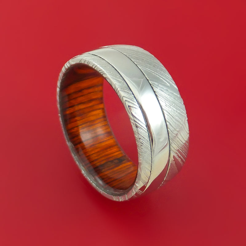 Kuro Damascus Steel Ring with Cobalt Chrome Inlay and Interior Hardwood Sleeve Custom Made Band