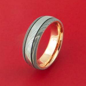 Damascus Steel Ring with 14k Rose Gold Sleeve Custom Made Band