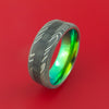 Damascus Steel and Carbon Fiber Ring Custom Made Band with Anodized Titanium Green Interior