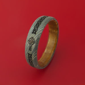 Damascus Steel Ring with Cross Etched Celtic Design Inlay and Interior Hardwood Sleeve Custom Made Band