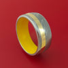 Damascus Steel Ring with 14k Yellow Gold Inlay and Interior Cerakote Sleeve Custom Made Band