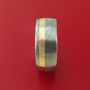 Damascus Steel Ring with 14k Yellow Gold Inlay and Interior Cerakote Sleeve Custom Made Band