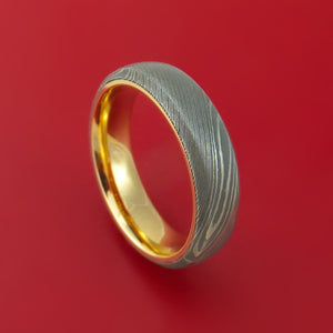 Damascus Steel Ring with 14k Yellow Gold Sleeve Custom Made Band