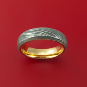 Damascus Steel Ring with 14k Yellow Gold Sleeve Custom Made Band