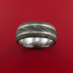 Damascus Steel Ring with 14K White Gold Inlays Custom Made Band