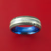 Damascus Steel Ring with Sterling Silver Inlay and Interior Anodized Titanium Sleeve Custom Made Band
