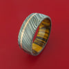 Kuro Damascus Steel Ring with 14k Rose Gold Inlay and Interior Hardwood Sleeve Custom Made Band