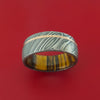 Kuro Damascus Steel Ring with 14k Rose Gold Inlay and Interior Hardwood Sleeve Custom Made Band