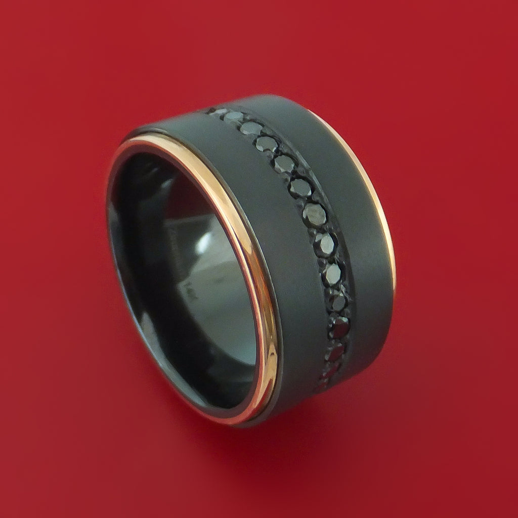 Wide Black Zirconium Ring with Black Diamonds and 14k Rose Gold Edges Custom Made Band