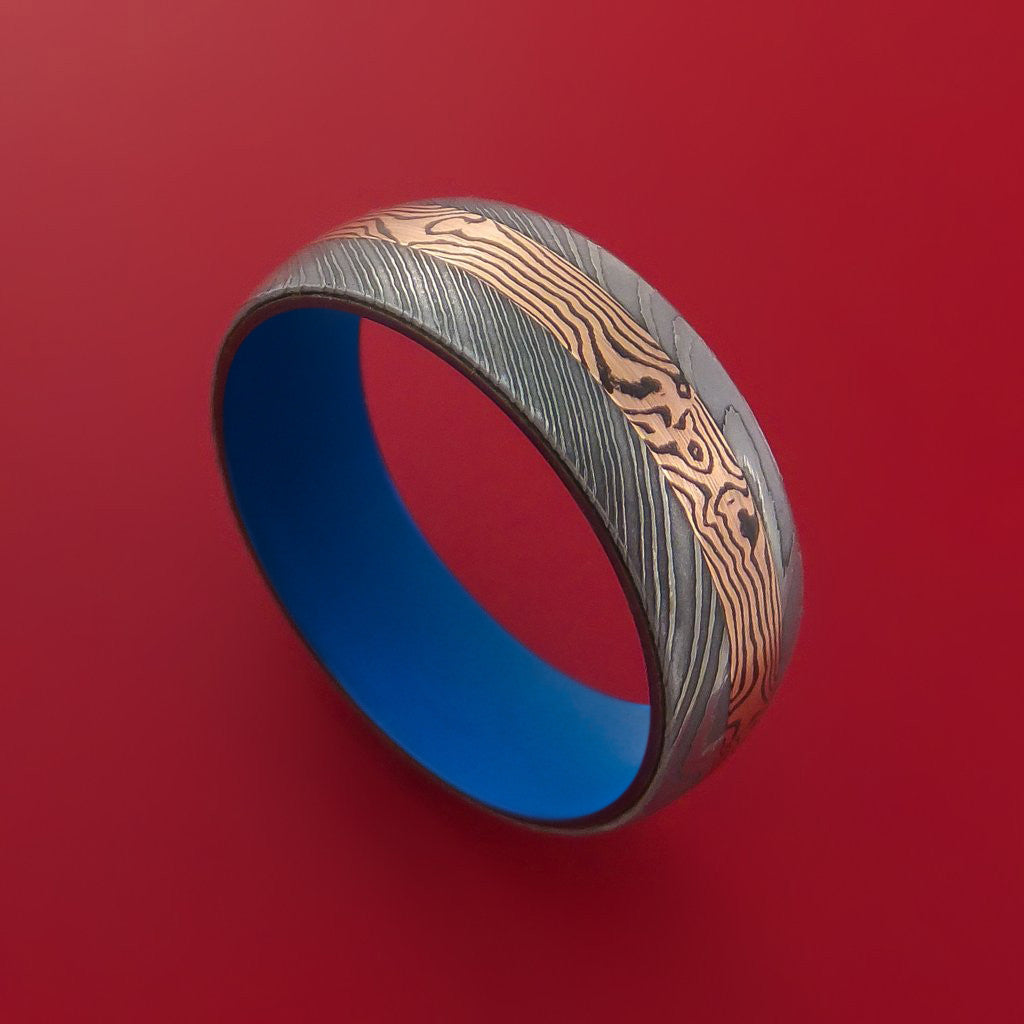 Mens Wedding Band Damascus Steel Ring 14k Rose Gold Blue Ocean 