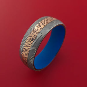 Damascus Steel Ring with 14k Rose Gold Mokume Shakudo Inlay and Interior Cerakote Titanium Sleeve Custom Made Band