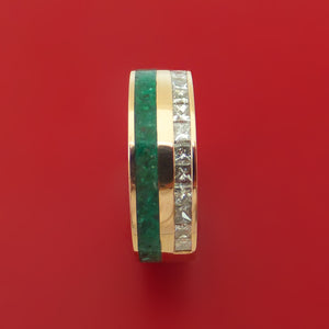 14k Yellow Gold Ring with Malachite Inlay and Diamonds Custom Made Band