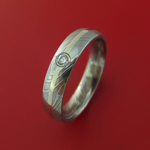 Damascus Steel Ring with 14K White Gold Inlay and Diamond Custom Made Band