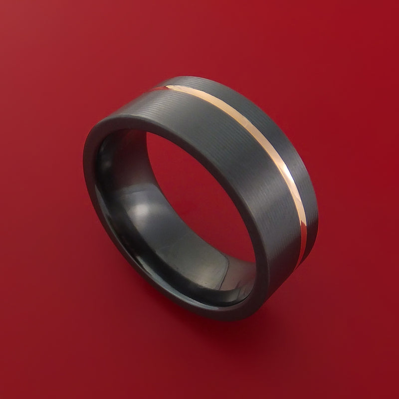 Black Zirconium Ring Textured Pattern Band with Rose Gold Inlay Made to Any Sizing and Finish