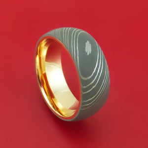 Damascus Steel Ring with 14k Yellow Gold Sleeve Custom Made Band