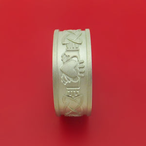 14k White Gold Ring with Claddagh Milled Celtic Design Inlay and Interior Cerakote Sleeve Custom Made Band
