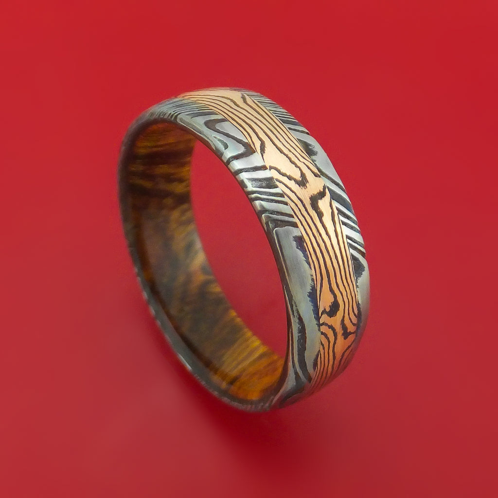 Kuro Damascus Steel Ring with 14k Rose Gold Mokume Shakudo Inlay and Interior Hardwood Sleeve Custom Made Band