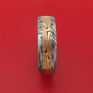 Kuro Damascus Steel Ring with 14k Rose Gold Mokume Shakudo Inlay and Interior Hardwood Sleeve Custom Made Band