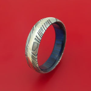Kuro Damascus Steel Ring with Palladium Mokume Inlay and Blueberry Wood Sleeve Custom Made Band