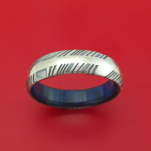 Kuro Damascus Steel Ring with Palladium Mokume Inlay and Blueberry Wood Sleeve Custom Made Band