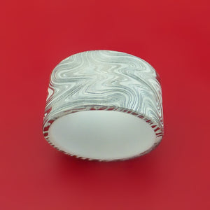 Marbled Kuro Damascus Steel Ring with Cerakote Inlay and Interior Cerakote Sleeve Custom Made Band