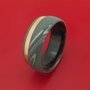 Damascus Steel Ring with 14k Rose Gold Inlay and Interior Hardwood Sleeve Custom Made Band