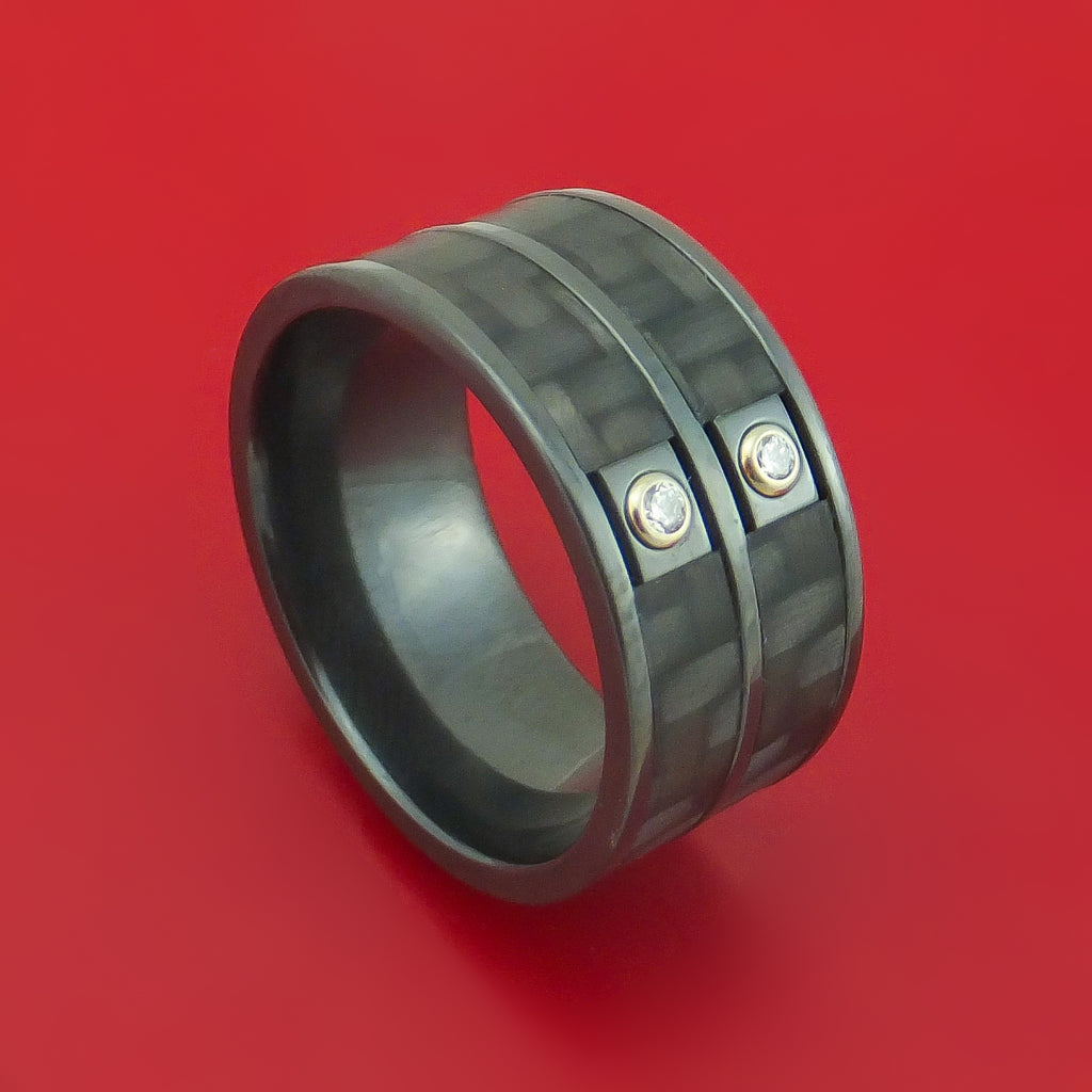 Wide Black Zirconium Ring with Segmented Black Carbon Fiber Inlay and Diamonds Custom Made Band