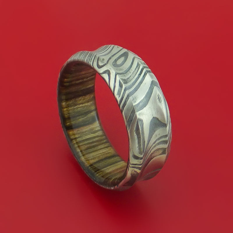 Kuro Damascus Steel Ring with Interior Hardwood Sleeve Custom Made Band