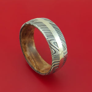 Kuro Damascus Steel Ring with 14K White Gold Inlay and Interior Hardwood Sleeve Custom Made Band
