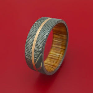 Damascus Steel Ring with 14k Rose Gold Inlay and Interior Hardwood Sleeve Custom Made Band