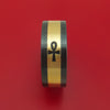 Black Zirconium Ring with 14k Yellow Gold and 4 Ankhs Milled Design Inlays Custom Made Band