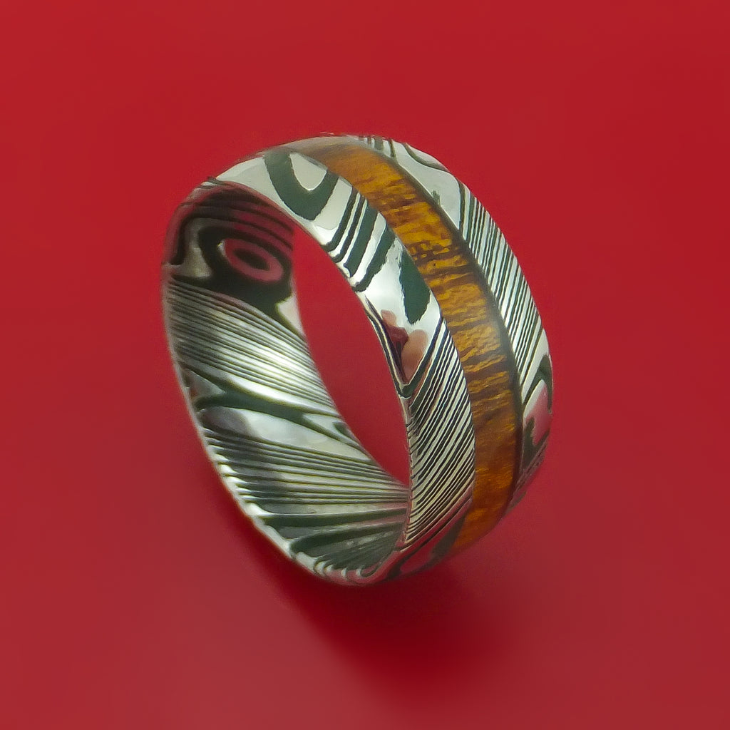 Kuro Damascus Steel Ring with Hardwood and Cerakote Inlays Custom Made Band