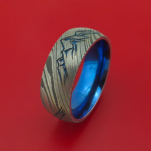 Damascus Steel Ring with Laser-Etched Mountain Pattern and Cerakote Inlays and Interior Anodized Titanium Sleeve Custom Made Band